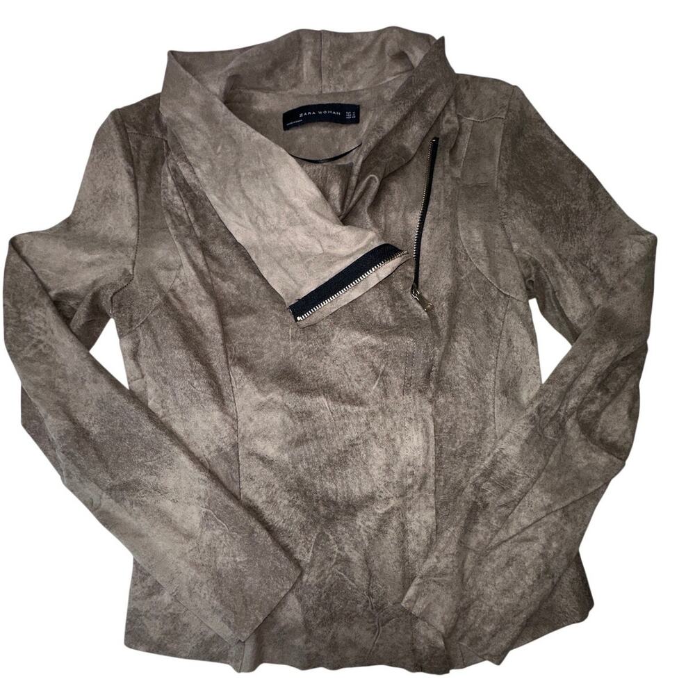 Zara Woman Asymmetrical Faux Suede Moto Jacket Taupe Minimalist
